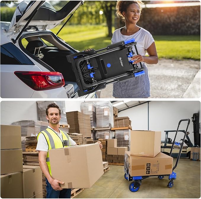 2-in-1Hand Truck Dolly 330LB Foldable with Folding Basket, Folding Hand Trucks Heavy Duty Carrying, Combination of 4 Wheels and 2 Wheels Convertible Cart with Retractable Handle Dolly for Moving