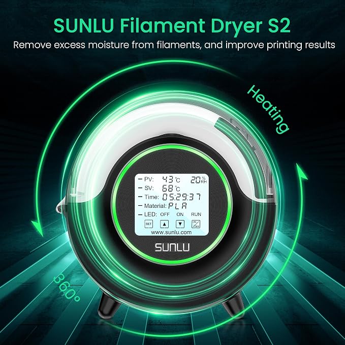 SUNLU S2 Filament Dryer, Black | Built-in Circulation Fan,70℃ Max Temperature,Dehydrator and Storage Box,For Nylon TPU PLA PETG ABS,1.75/2.85/3.00mm