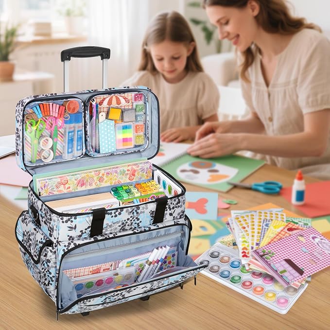 Teamoy Rolling Scrapbook Tote with Detachable Wheels, Rolling Craft Bag with Bottom Wooden Pad, Scrapbook Storage Bag for Women, Dandelion
