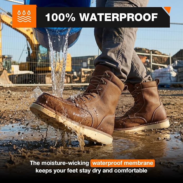 NINGO Steel Toe Work Boots for Men, 8 Inches Waterproof Moc Toe Construction Boots, Goodyear Welt Non Slip Wedge Outsole, Full-Grain Leather EH Rated Mens Safety Work Shoes, for Industrial, Welding
