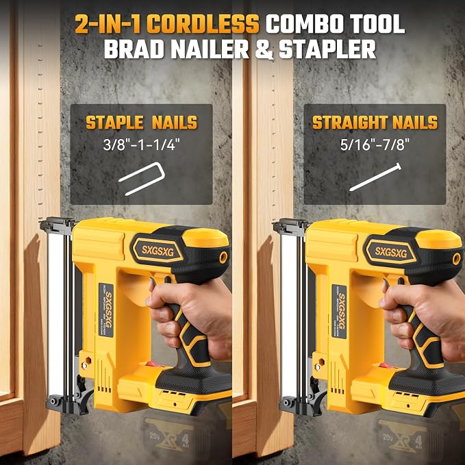Brad Nailer for Dewalt 20V Battery,2 in 1 Nail Gun & Staple Gun with 1000 Nails &1000 Staples,18 Gauge Nail Gun for Wood Carpentry【Battery Not Included】