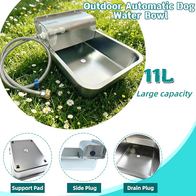 304 Stainless Steel Automatic Dog Waterer - 11L Large Capacity Pet Water Dispenser with 3/4" Brass Adapter & Drain Hole, Anti-Leak Design for Dogs, Cats, Alpacas & Livestock, Outdoor Farm Use