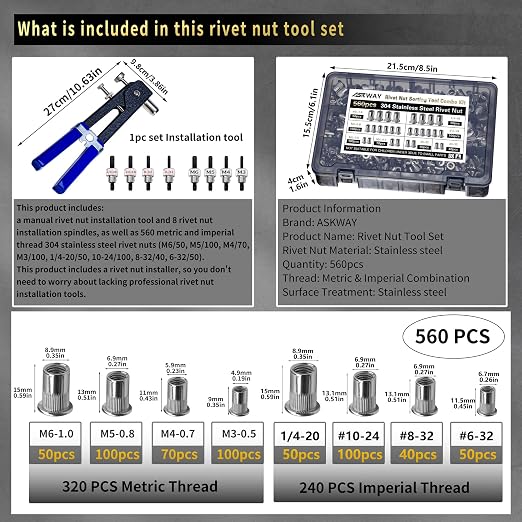 ASKWAY Rivet Nut Stainless Steel SAE & Metric 560 PCS SAE Rivet Nut Tool | 560pcs 304 Stainless Steel Rivet Nut tool, SAE Rivet Nuts 1/4-20, 10-24, 8-32, 6-32), Metric Rivet Nuts (M6, M5, M4, M3)