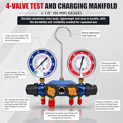 49974 A2L 4-Valve Test and Charging Manifold, 3-1/8" (80mm) Gauges for R-32/R454B/R410A, HVAC Manifold, Hoses Not Included