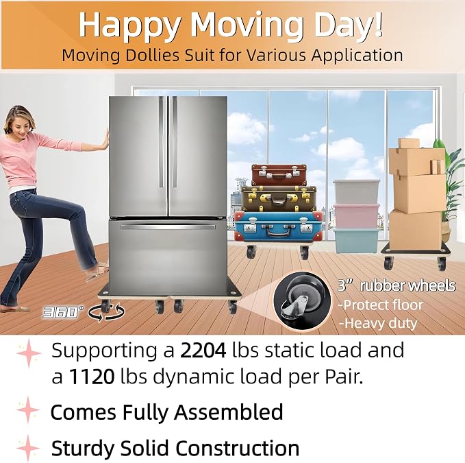 Hardwood Furniture Moving Wooden Dolly with 4 Rubber Silent Wheels,15 Inch Securely Holds 2204 Lbs Heavy Duty Rolling Mover for Piano Couch Fridge Washing Machine Big Plant, 2 Packs
