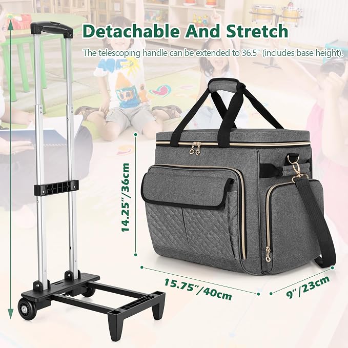 LUXJA Rolling Teacher Bag with Laptop Compartment and Detachable Dolly, Multifunctional Rolling Briefcase with Accordion File Area (Patented), Gray