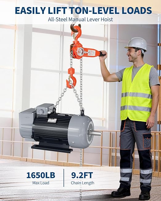 Manual Lever Chain Hoist 3/4 Ton 1650 lbs Capacity, 10FT Come Along with G80 Galvanized Steel Chain, Weston Double Pawl Safety Brake, 360° Swivel Hook for Garage, Factory, Dock, Construction