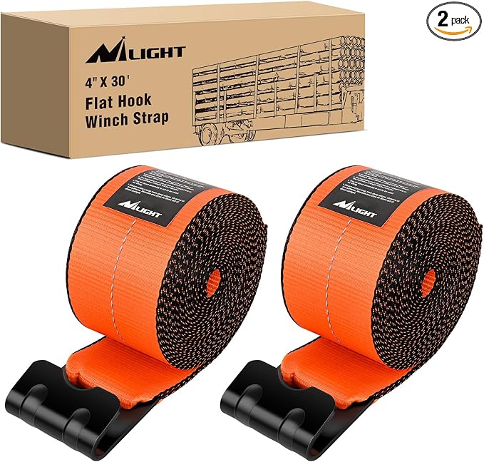 Nilight Truck Straps 4" x 30' Heavy Duty Tie Down with Flat Hooks 16800LBS Break Strength & 5400LBS WLL for Flatbed Trailer Cargo Control Recovery Tree Saver Bright Orange (2 Pack)