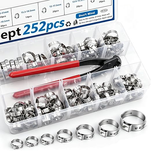252Pcs 14-Sizes 304 Stainless Steel Single Ear Hose Clamps with Ear clamp plier 5.3-33.1mm Crimp Hose Clamps Assortment Kit for Auto/Home Appliance/Pipe/Fuel Line Stepless hose clamp with pincer