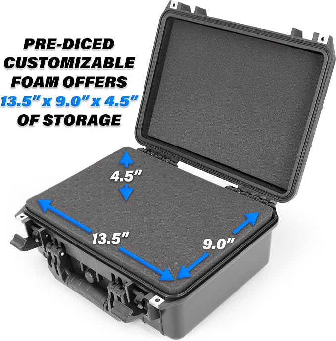 CASEMATIX 16" Waterproof Hard Case with Customizable Foam for Portable Electronics, Tools and Accessories - Hard Shell Plastic Case with Pre-Diced Travel Case Foam Interior