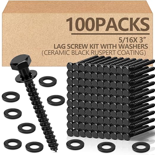 Tandefio 100 Pack 5/16''x3'' Hex Head Lag Bolts for Wood Ceramic Black Lag Screw Kit with Washers Heavy Duty Hot Dip Galvanized Coating Double Layer for Decks Fences