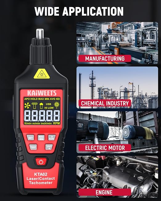 KAIWEETS 2-in-1 Laser & Contact Tachometer with Rechargeable Battery, Photo Sensor 10-99999RPM and Contact 1-19999RPM High Accuracy RPM Meter with Backlight Hold/MAX/MIN/AVG, HI/Low Alarm Function
