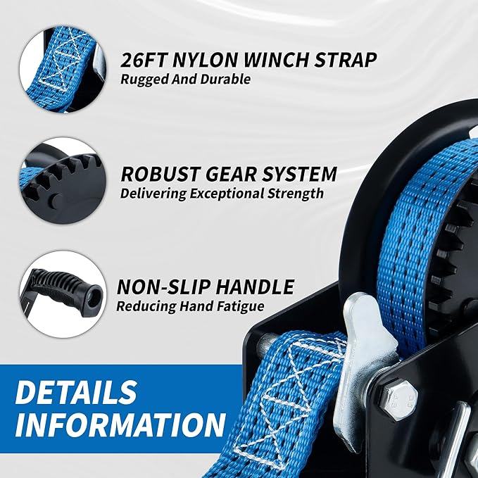 2000lbs Heavy Duty Boat Trailer Winch with 26FT Strap, 2-Way Ratchet & 4:1 Gear Trailer Winch, Portable Hand Crank Winch for Boat, Truck, Trailer, RV, ATV, Jet Ski