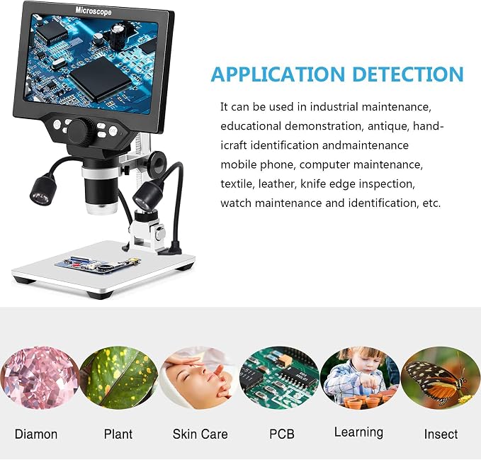 7" LCD Digital Microscope for Adults, 1200X Coin Magnifier with Screen, 12MP 1080P USB Camera, Metal Stand, 8 LED Lights, PC View for Soldering and PCB Repair