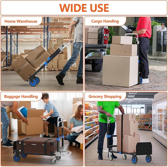 3 in 1 Heavy Duty Folding Hand Truck, Convertible Portable Steel Dolly with Telescopic Handle, Foldable Utility Cart with Rubber Wheels, 500 LBS