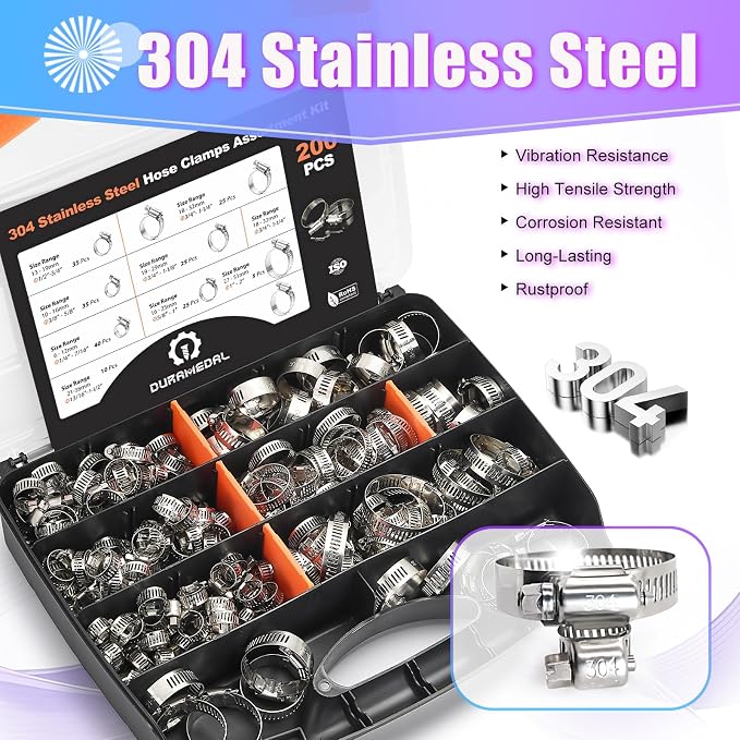 Hose Clamp- Duramedal 200 PCS Stainless Steel Hose Clamps Assortment Kit 1/4''–1-2'' stainless steel hose clamps for Fuel Line, Plumbing, Automotive, Mechanical Applications, Tube, Garden