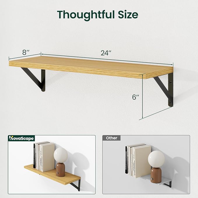 Floating Shelves 8 Inch Deep, 24W x 8D Wall Shelf Set of 2, 50 lbs Heavy Duty Reversible Metal Brackets, Industrial Book Shelf for Living Room Kitchen Bathroom Bedroom Gallery Wall, Oak