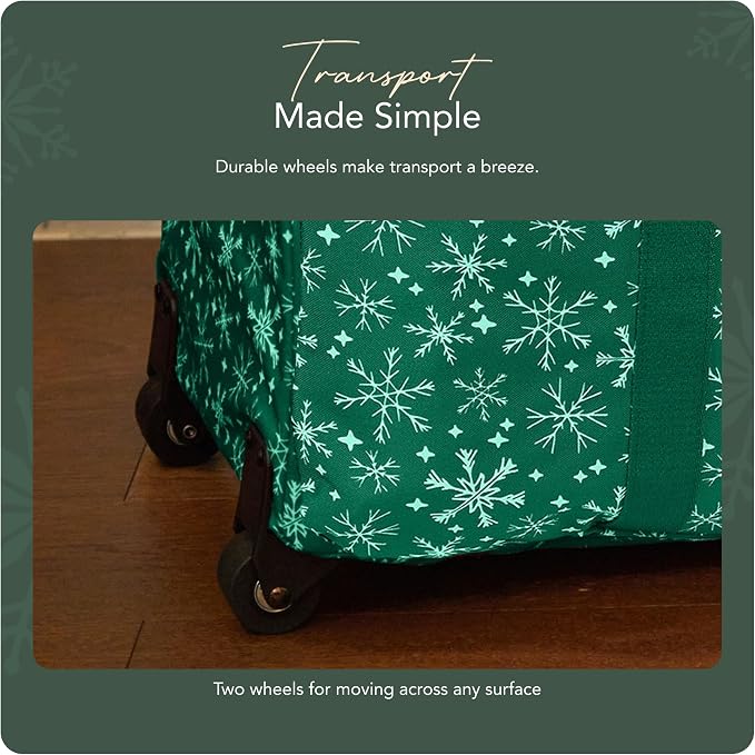 Covermates Keepsakes Rolling Treasurekeeper Storage Bag – Heavy-Duty Polyester with Dual Wheels & Handles – Protects Holiday Decorations with ID Window & Dual Zipper Access, Green Snowflake