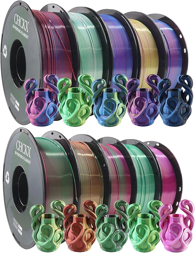 10 Pack PLA Filament Bundle, Silk Tricolor PLA Filament 10 Rolls, 1kg Spool(2.2lbs), 1.75 mm, Dimensional Accuracy +/- 0.02mm, 10 Different Triple Color