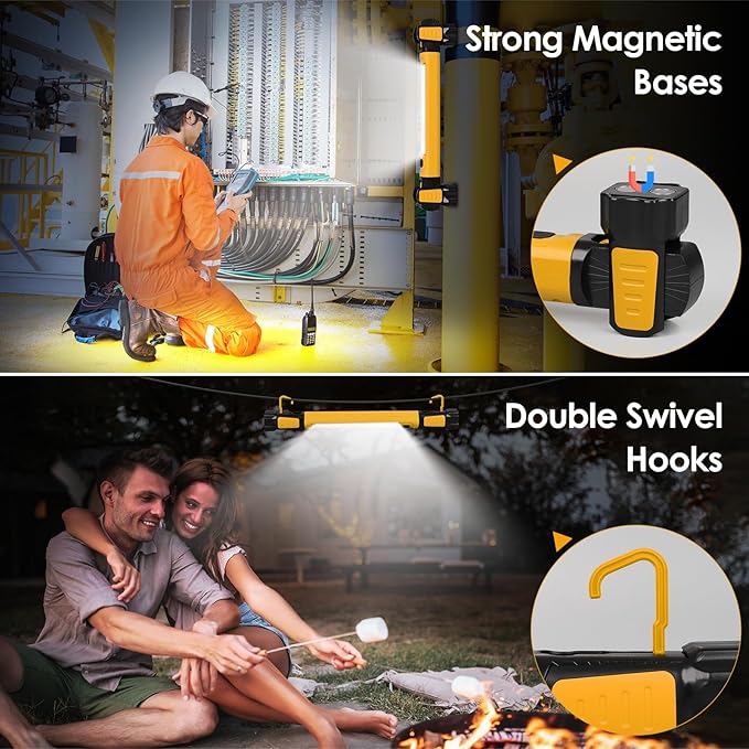 Ropelux Mechanic Work Light Bar with 2500LM 5200mAh Battery, Orange 2 Pcs | 2-Level Brightness, 7500K Cool White, 4-10 Hours Runtime, Magnetic Bases, Hooks, 360° Rotating, Rechargeable, Tool Gift