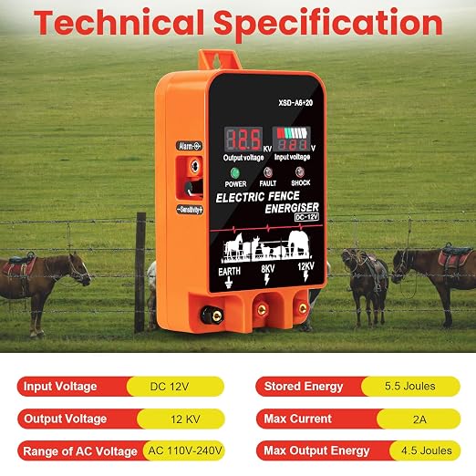 5.5J Electric Fence Charger Energizer, 5.5 Joules 10 Miles, AC DC 2 in 1 Powered Supply, Input 12V Output 8 KV or 12KV, with Display and Alarm, Contain Cattle Cow and Livestock, No Remote