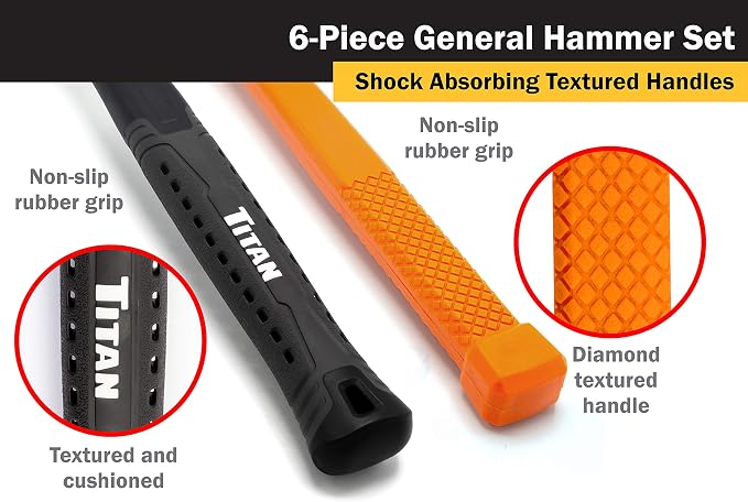 Titan 63136 6-Piece Hammer Set, Includes 16oz & 32oz Ball Pein, 32oz Rubber Mallet, 3lb Sledgehammer, 2lb Dead Blow & 3lb Cross Pein