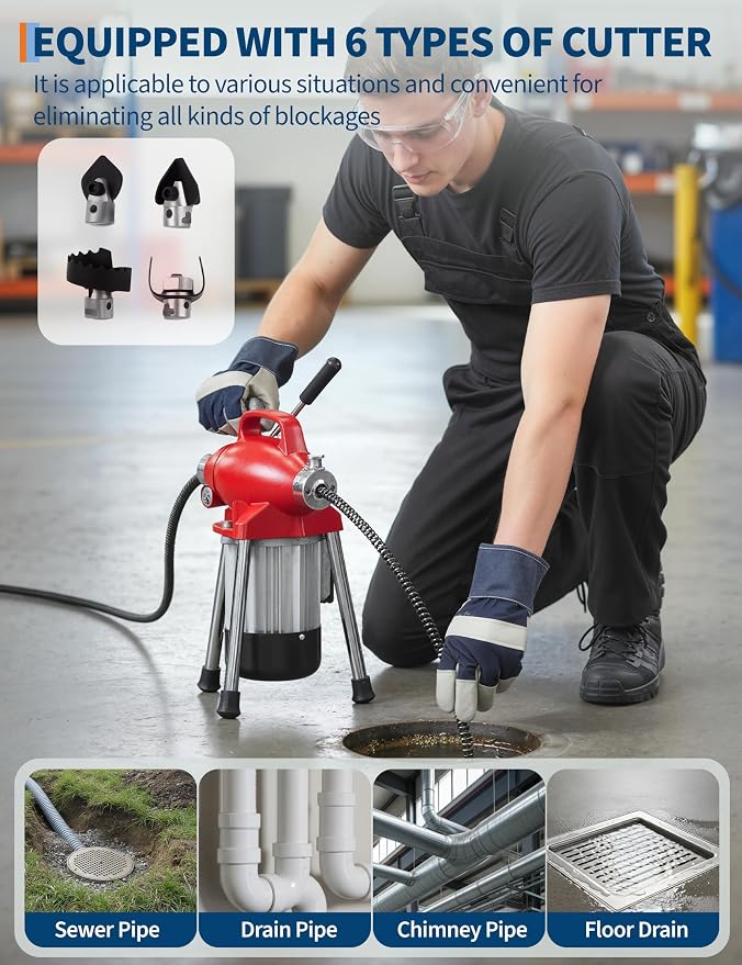 Portable Drain Cleaner Machine with 66FT x 5/8" & 16FT x 3/8" Steel Cables, 7 Cutters, Electric Sewer Snake Drain Auger, 500w Power Drain Cleaner Machine, Auto Feed Pipe Snake for 3/4" to 4" Pipes