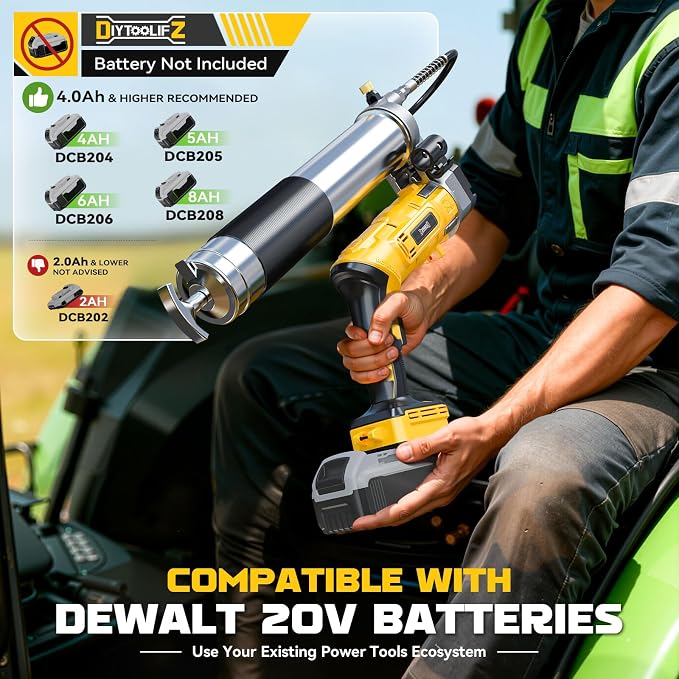 DIYtoolifz Cordless Grease Gun Compatible with DeWalt 20V Battery, 12000PSI High-Pressure with 2-in-1 Rotating Handle, 39.4" Hose & 4 Couplers for Bulk & Cartridge Grease (Tool Only)