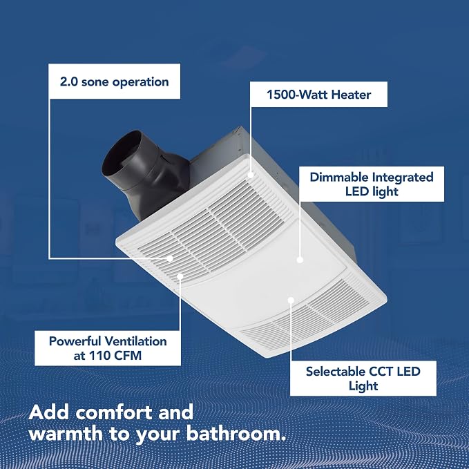 Broan-NuTone BHFLED110 PowerHeat Bathroom Exhaust Fan, Heater, and LED Light Combination, 110 CFM