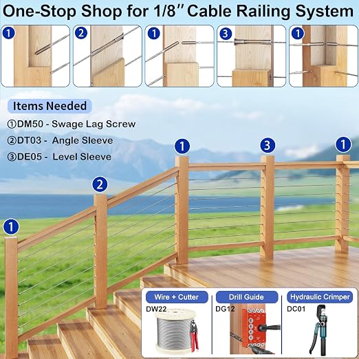 Steel DN Mate 30 Pack Left&Right Handed Thread Swage Lag Screws for Wood Post of 1/8" Deck Railing Kit, T316 Stainless Steel Cable Railing/Stair Deck Railing, DIY Baluster Hardware, Wrench Included