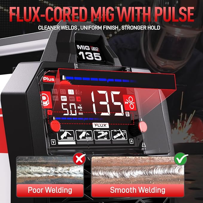 ANDELI 110V/220V MIG Welder 135A, PULSE Flux Core MIG/Lift Tig/Stick 3-in-1 Gasless MIG Welding Machine with Synergy，Large LED Display,2T/4T Full Kit (Bonus Welding Helmet & Gloves)