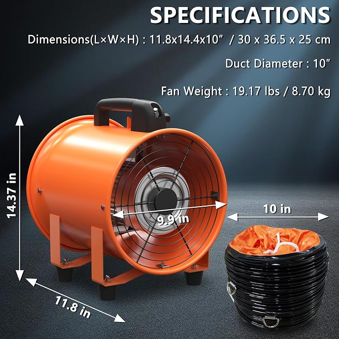 10 Inch Utility Blower Fan 1600CFM Industrial Portable Exhaust Fan with 16.4Ft Duct Hose, 3300 r/min High Velocity Ventilation Extraction and Ventilation Fan