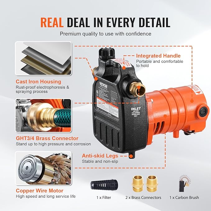 VEVOR Cast Iron Water Transfer Pump, 115V AC 1600 GPH 1/2HP, Portable Electric Utility Pump with Carbon Brush, Filter, Brass Connectors, for Garden, Rain Barrel, Pool, Pond, Hot Tub, Aquarium Draining