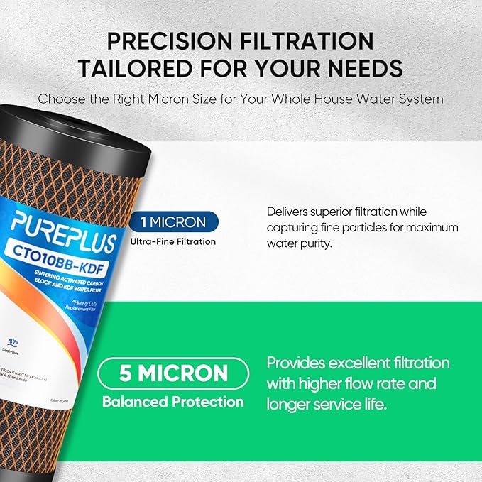PUREPLUS 5 Micron 10" x 4.5" Whole House Coconut Shell Activated Carbon and KDF Water Filter, Heavy Metal Removal Replacement Water Filter, Compatible with GXWH40L, GXWH35F, BB10, CTO10BB-KDF, 1 PACK