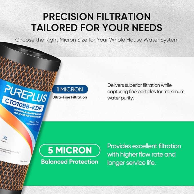 PUREPLUS 5 Micron 10" x 4.5" Whole House Coconut Shell Activated Carbon and KDF Water Filter, Heavy Metal Removal Replacement Water Filter, Compatible with GXWH40L, GXWH35F, BB10, CTO10BB-KDF, 3 PACK