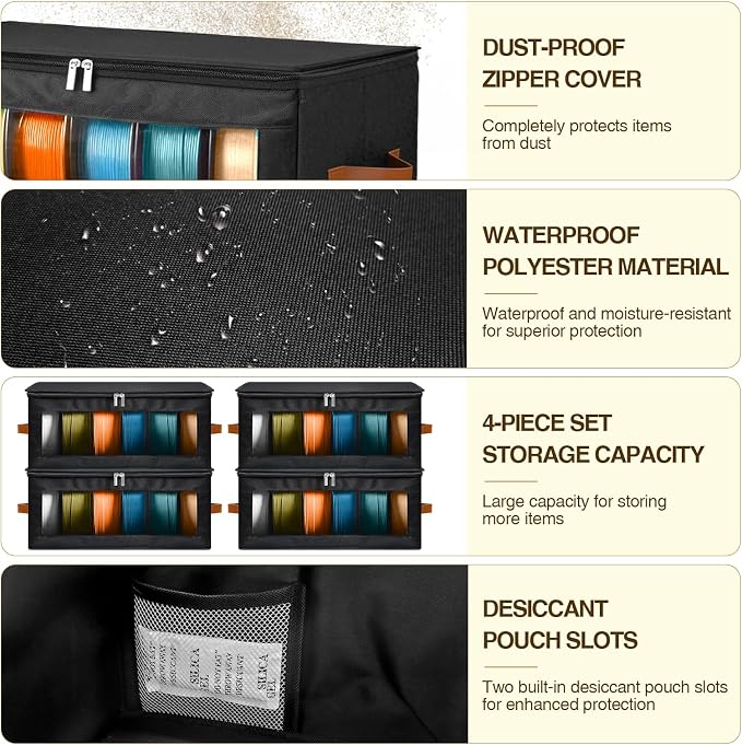 4 Pack Foldable Filament Storage Box, 3D Printer Filament Containers with Transparent Window, Desiccants & Labels, Holds 24 Rolls, Water-Resistant Organizer for Home Office Workshop Studio