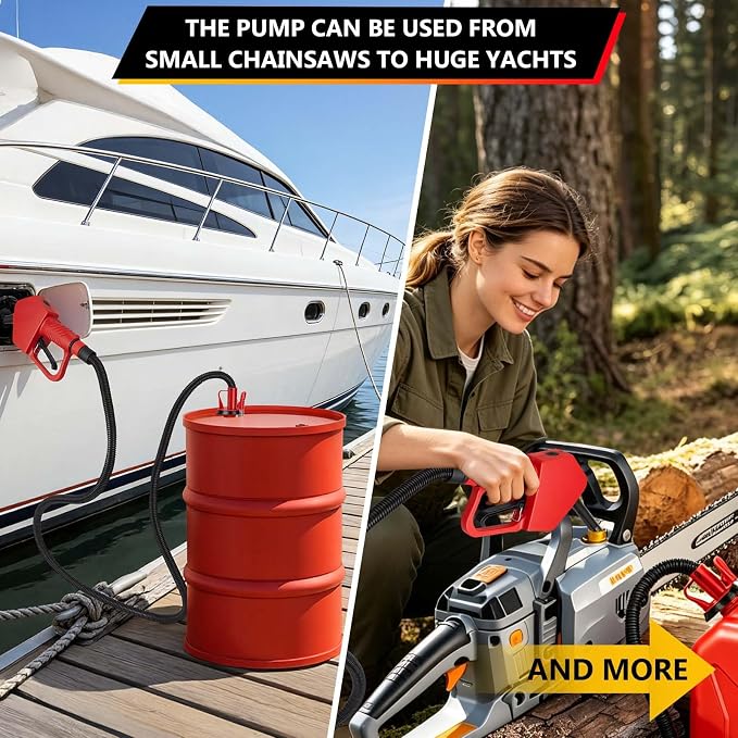 Portable Fuel Transfer Pump with Auto-Stop & Hand Nozzle, 80'' Pumping lift,fit different gas barrel sizes and depths, no adapters needed,3.8GMP, mulitiple power supply,for Gasoline, Diesel, Kerosene