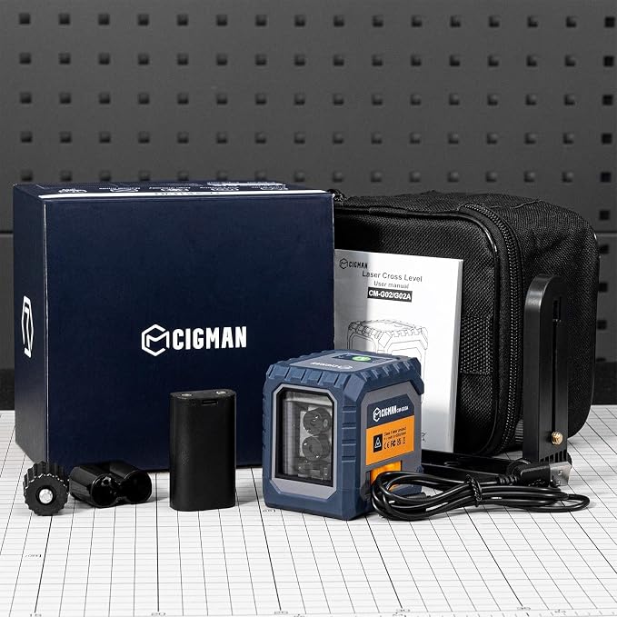 Laser Level Rechargeable, CIGMAN G02A Green Self-Leveling Cross Line Laser Level with Horizontal and Vertical Lines, Selectable Laser Lines, 100 Ft Visibility, Rotatable 360°, Charging Cable Included