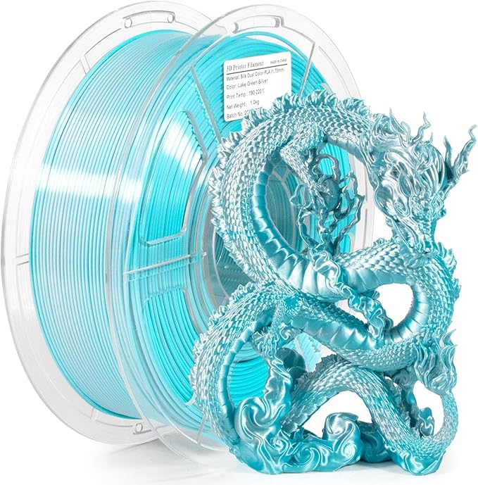 iSANMATE 3D Printer Filament, PLA Filament 1.75mm Dual Color Filament, Shiny Silk PLA Coextruded Filament, 1 kg/Spool (Lake Green and Silver)