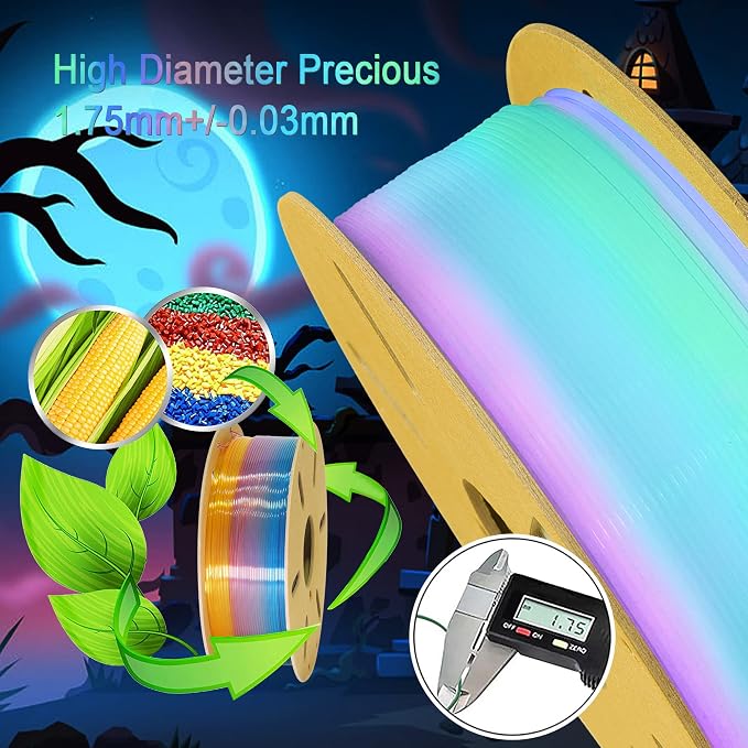 Glow in Dark Fast Color Change Rainbow PLA 3D Printing Filament, Tidy Winding 1.75mm PLA, Widely Fit for 3D Printer; 1KG 2.2LBS Cardboard 3D Printing Material, Glowing in Dark Multi Colored