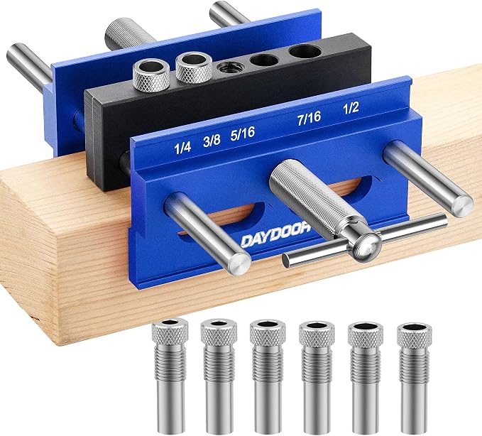 DAYDOOR 6.7" Self Centering Dowel Jig, Wide Capacity Doweling Jig & Drill Guide for Woodworking, Complete Kit with 6 Steel Bushings for Straight Holes(Blue)