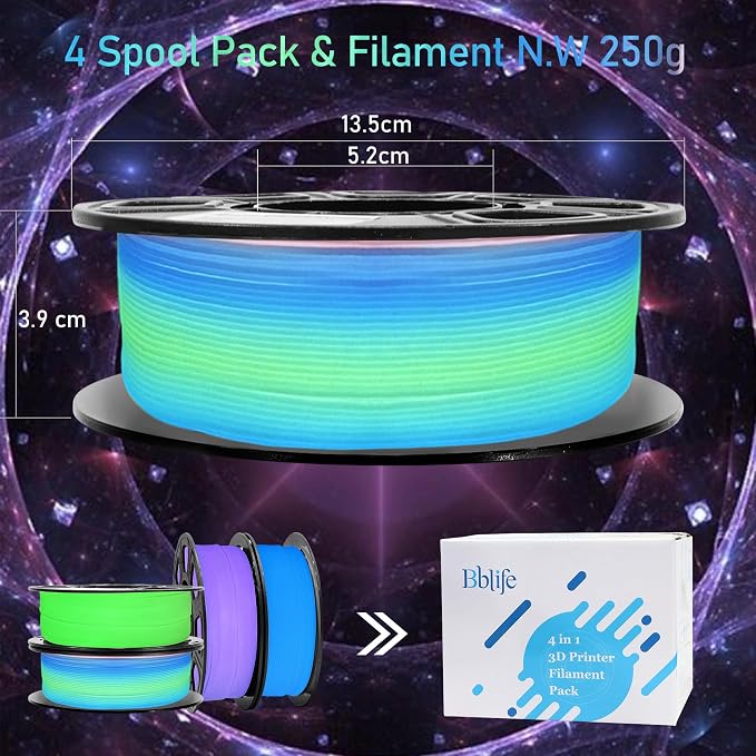 Bblife Glow in Dark PLA 3D Filament Bundle, 4 Popular Luminous Colors: Green, Purple, Blue, Rainbow, 1.75mm, 1kg