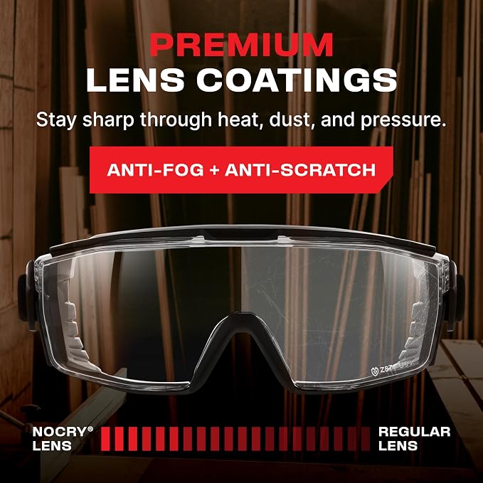 NoCry Clear Safety Goggles Over Glasses — for Men & Women With Gasket, UV380, Anti Fog Panoramic Vented Lenses — ANSI Z87.1 Eye Protection For Construction, Dust And Lab Goggles Adult