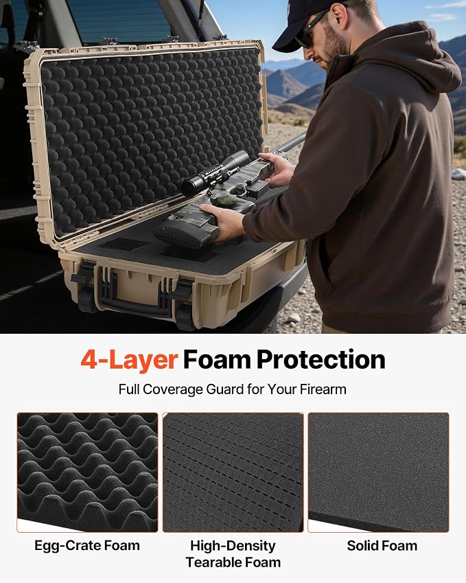 VEVOR Rifle Case, Rifle Hard Case with 4 Layers Fully-protective Foams, Lockable Hard Gun Case with Wheels, IP67 Waterproof & Crushproof, for Rifles or Shotguns