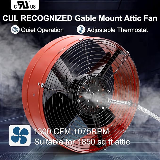 Criditpid 15" Gable Mount Vent Attic Fan, Exhaust Ventilation Fan with Adjustable Thermostat for Gable, Home, Shed, Garage, Portable Building, 3.4A, 1300CFM, 1075RPM, 1850 Sq.Ft Coverage Area, Red.