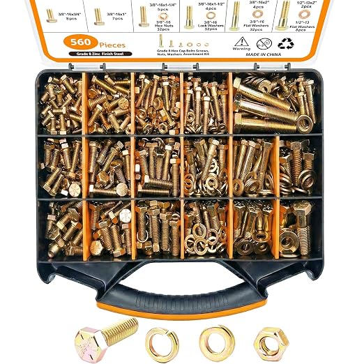 560PCS Grade 8 Nuts and Bolts Assortment Kit with Handy Box, 1/4-20, 5/16-18, 3/8-16, 1/2-13 High Quality SAE Bolt Assortment Kit, Heady Duty Grade 8 Alloy Steel with Yellow Zinc Plated