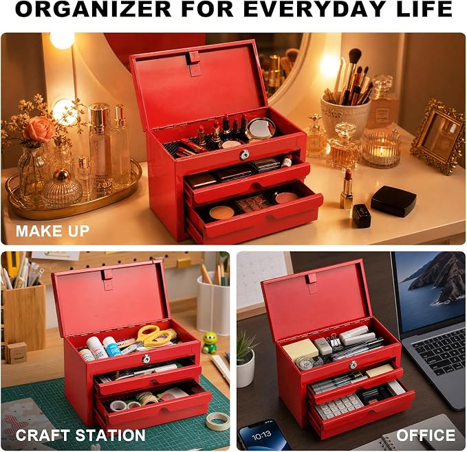BIG RED Mini Steel Tool Box with Drawer, Small Metal Tool Box Organizer | Lockable Top Storage, Multi-Purpose Portable Tool Box Organize for Desk, Home, Garage, desk or Workbench, Red