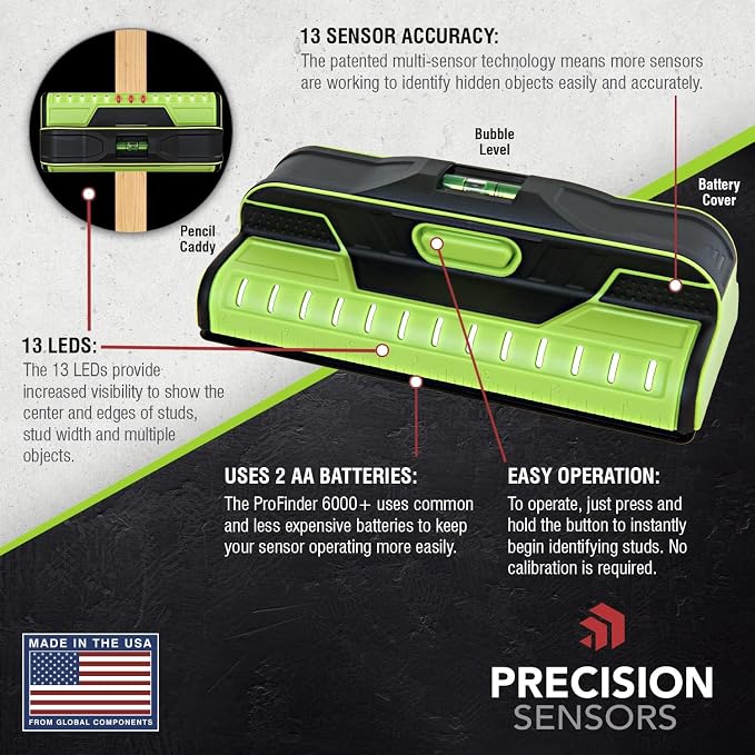 Franklin Sensors ProSensor T13 Stud Finder with 13-Sensors, Wood & Metal Stud Detector/Wall Scanner for Drywall, Built-in Bubble Level, Green