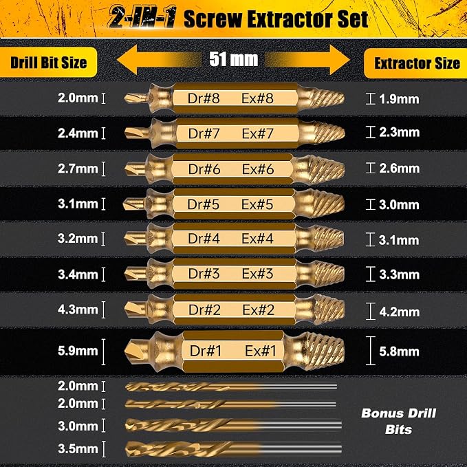 Topec 12 PCS Stripped Screw Extractor Set, Gift for Men, Easy Out Screw Extractor Set and Drill Bits for Remove Stripped, Rusty, Broken Head Nuts & Bolts