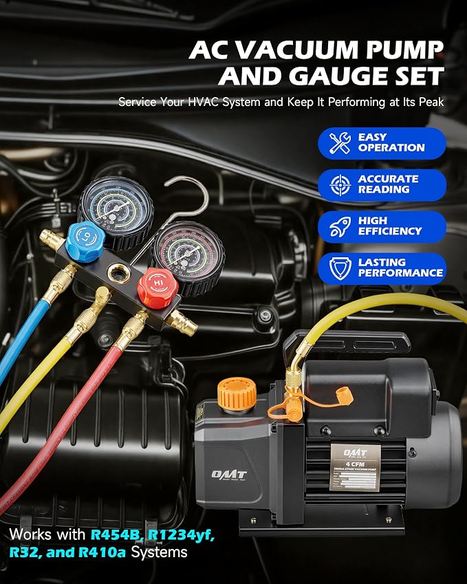 Orion Motor Tech 4 cfm AC Vacuum Pump and Gauge Set, Single-Stage AC Manifold Gauge Set with Vacuum Pump for R454B R1234yf R32 R410a System, Spark-Proof HVAC Vacuum Pump Kit with Overheat Protection